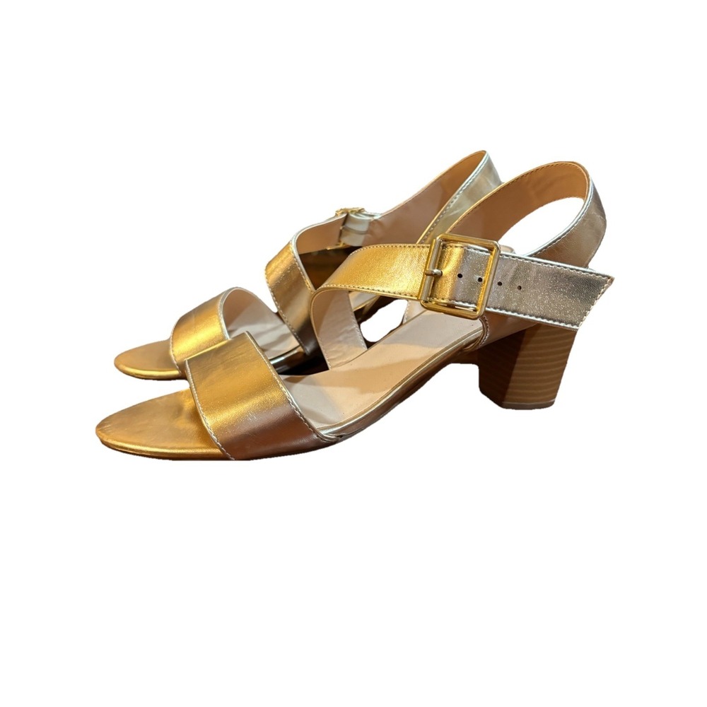 Gold Strappy Block Heel Sandals Buckle 10W White Mountain Women's Wide